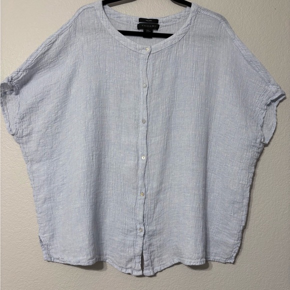 Tahari Tops - Tahari Soft Blue Crinkle Linen Oversized Cap Sleeve Button Down Top. Round Neck